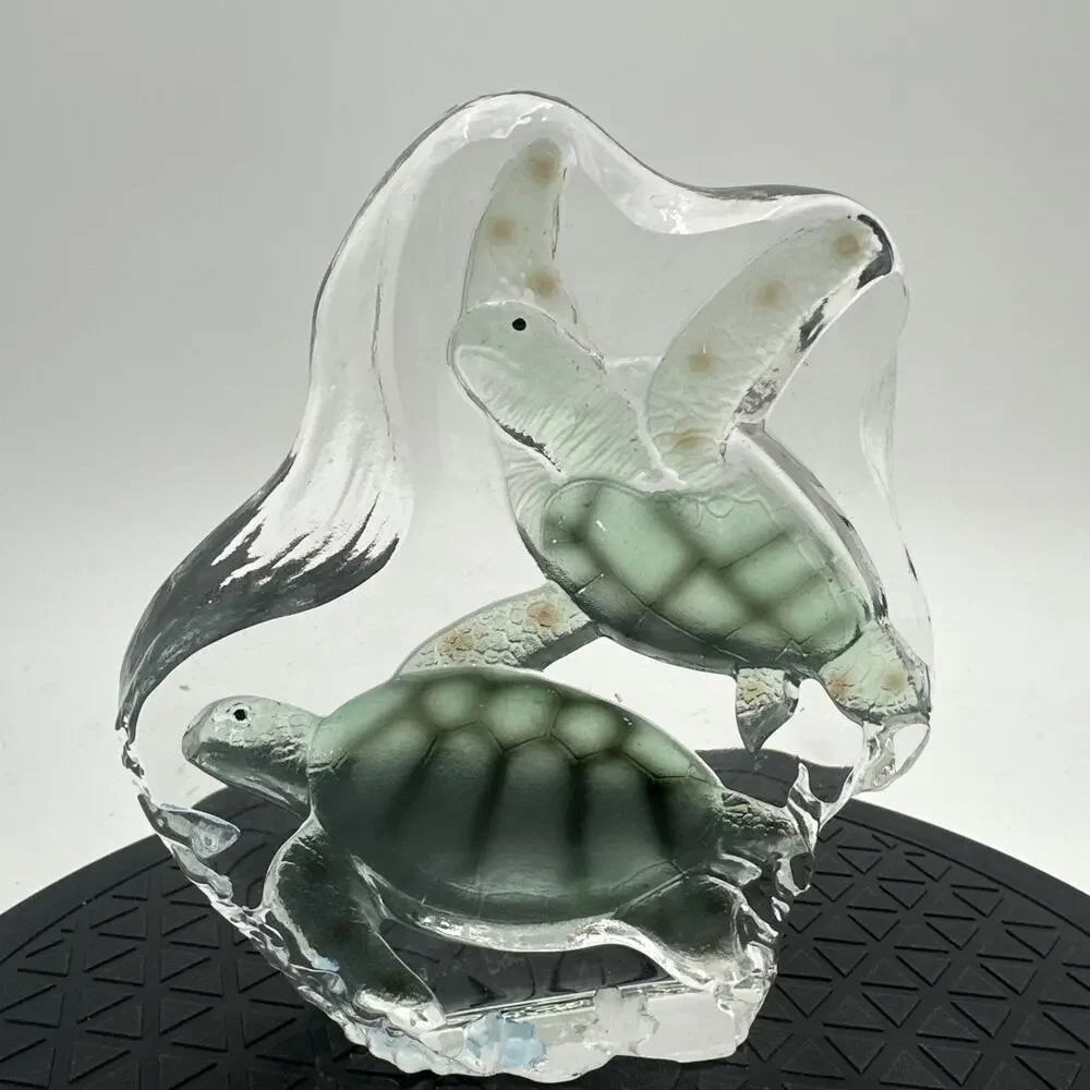 Vintage Clear Glass with Green Sea Turtles Paperweight